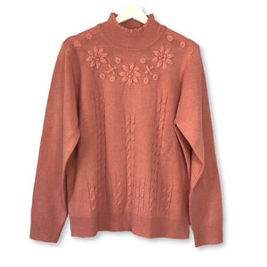 Salon Studio Pink Floral Embroidered Cable Knit Sweater Large